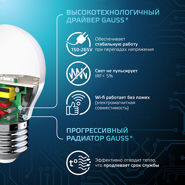 купить Лампа шар свд Е27 9,5Вт 6500К 950лм G45 матовый Gauss  в Пензе Лампа шар свд Е27 9,5Вт 6500К 950лм G45 матовый Gauss