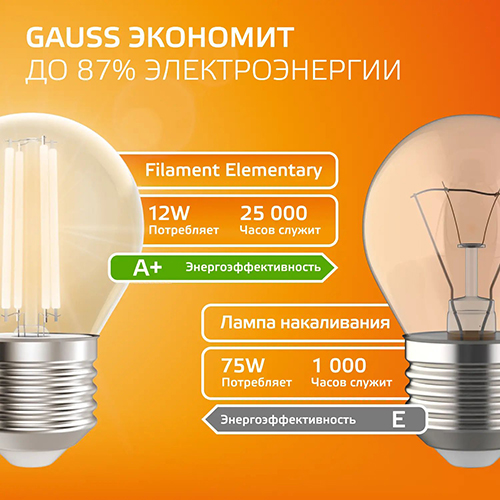 купить Лампа шар свд Е27 12Вт 2700К 730лм G45 прозрачный филамент Gauss  в Пензе Лампа шар свд Е27 12Вт 2700К 730лм G45 прозрачный филамент Gauss