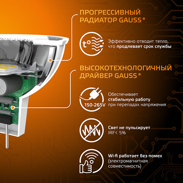 купить Лампа свд 220В GU5.3 9Вт 3000К 830лм MR16 прозрачная Gauss  в Пензе Лампа свд 220В GU5.3 9Вт 3000К 830лм MR16 прозрачная Gauss