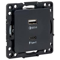 купить Стокгольм черный розетка USB type-A+type-C скрытая 2-ая  в Пензе Стокгольм черный розетка USB type-A+type-C скрытая 2-ая