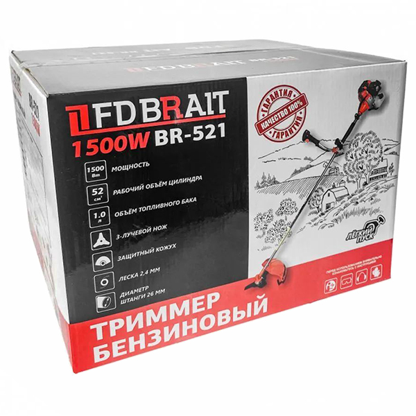Триммер бензиновый двиг.52см3 неразъемная штанга, BR-521" (Brait) 2.0л.с.