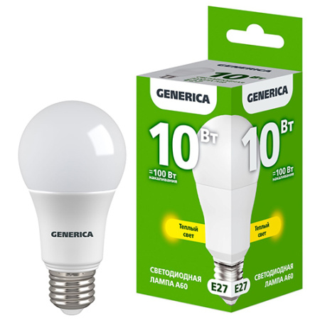 купить Лампа светодиодная 220В Е27 10Вт 3000К 1000лм стандарт A60 матовая GENERICA (IEK)  в Пензе Лампа светодиодная 220В Е27 10Вт 3000К 1000лм стандарт A60 матовая GENERICA (IEK)