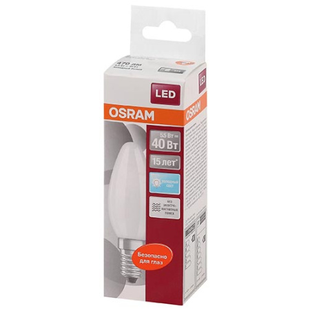 купить Лампа свд 220В E14 5Вт 4000К 470лм свеча B35 матовая Osram в Пензе Лампа свд 220В E14 5Вт 4000К 470лм свеча B35 матовая Osram