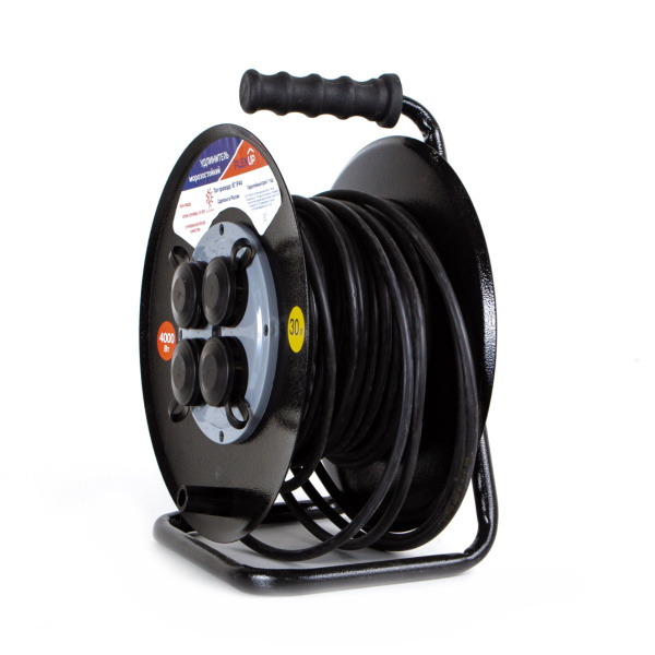 Удлинитель 4-мест 30м КГ 3*2,5 черный катушка металл IP44 PlexUp 4000Вт аналог 047541