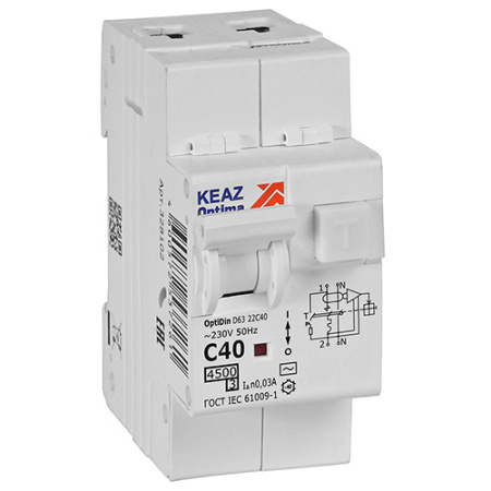 купить Дифавтомат 2Р 40А C тип AC 30мА 4,5кА 2мод OptiDin D63 КЭАЗ в Пензе Дифавтомат 2Р 40А C тип AC 30мА 4,5кА 2мод OptiDin D63 КЭАЗ