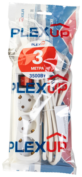 купить Удлинитель 3-мест 3м ПВС 3*1 белый выкл PlexUp   в Пензе Удлинитель 3-мест 3м ПВС 3*1 белый выкл PlexUp