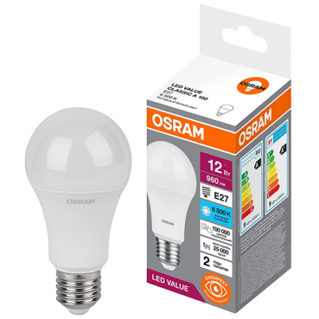 купить Лампа светодиодная 220В Е27 12Вт 6500К 960лм стандарт A60 матовая Osram LED Value в Пензе Лампа светодиодная 220В Е27 12Вт 6500К 960лм стандарт A60 матовая Osram LED Value
