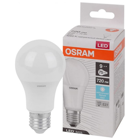 купить Лампа светодиодная 220В Е27 9Вт 4000К 720лм стандарт A60 матовая Osram LED Base в Пензе Лампа светодиодная 220В Е27 9Вт 4000К 720лм стандарт A60 матовая Osram LED Base