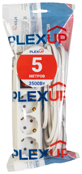 купить Удлинитель 3-мест 5м ПВС 3*1 белый выкл PlexUp   в Пензе Удлинитель 3-мест 5м ПВС 3*1 белый выкл PlexUp