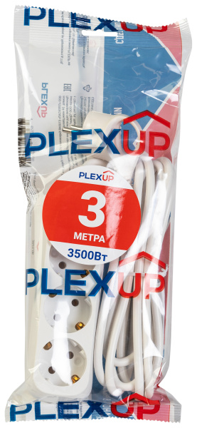 купить Удлинитель 3-мест 3м ПВС 3*1 белый PlexUp в Пензе Удлинитель 3-мест 3м ПВС 3*1 белый PlexUp