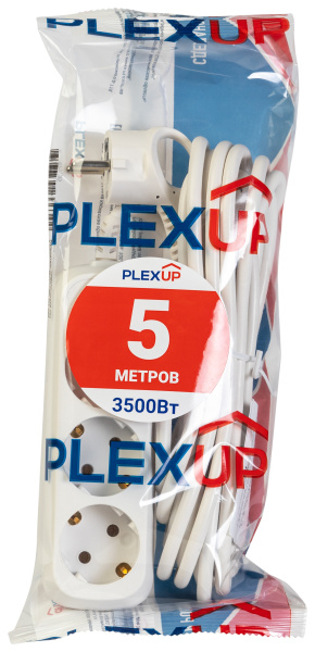 купить Удлинитель 3-мест 5м ПВС 3*1 белый PlexUp   в Пензе Удлинитель 3-мест 5м ПВС 3*1 белый PlexUp
