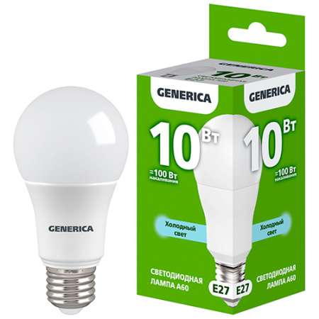 купить Лампа светодиодная 220В Е27 10Вт 6500К 1000лм стандарт A60 матовая GENERICA (IEK)  в Пензе Лампа светодиодная 220В Е27 10Вт 6500К 1000лм стандарт A60 матовая GENERICA (IEK)