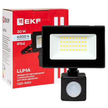 купить Прожектор свд 30Вт 6500К 2400лм черный IP65 110° Luma EKF датчик движения в Пензе Прожектор свд 30Вт 6500К 2400лм черный IP65 110° Luma EKF датчик движения