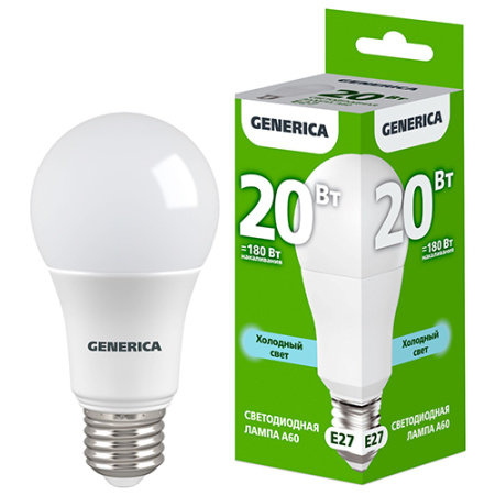купить Лампа светодиодная 220В Е27 20Вт 6500К 2000лм стандарт A60 матовая GENERICA (IEK)  в Пензе Лампа светодиодная 220В Е27 20Вт 6500К 2000лм стандарт A60 матовая GENERICA (IEK)