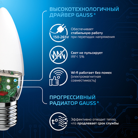 купить Лампа свеча свд Е27 9,5Вт 6500К 950лм С35 матовая Gauss  в Пензе Лампа свеча свд Е27 9,5Вт 6500К 950лм С35 матовая Gauss