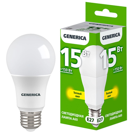 купить Лампа светодиодная 220В Е27 15Вт 3000К 1500лм стандарт A60 матовая GENERICA (IEK)  в Пензе Лампа светодиодная 220В Е27 15Вт 3000К 1500лм стандарт A60 матовая GENERICA (IEK)