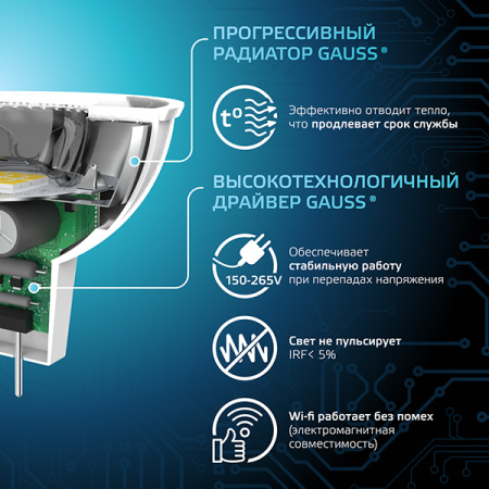 купить Лампа свд 220В GU5.3 9Вт 4100К 830лм MR16 прозрачная Gauss  в Пензе Лампа свд 220В GU5.3 9Вт 4100К 830лм MR16 прозрачная Gauss