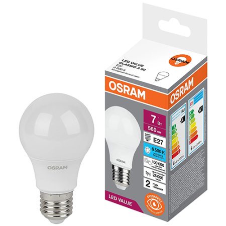 купить Лампа светодиодная 220В Е27 7Вт 6500К 560лм стандарт A60 матовая Osram LED Value  в Пензе Лампа светодиодная 220В Е27 7Вт 6500К 560лм стандарт A60 матовая Osram LED Value