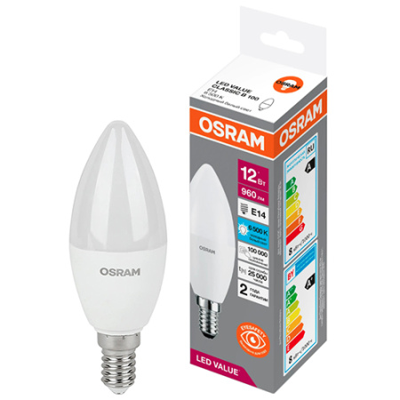купить Лампа свеча свд Е14 12Вт 6500К 800лм B75 матовая Osram LED Value в Пензе Лампа свеча свд Е14 12Вт 6500К 800лм B75 матовая Osram LED Value